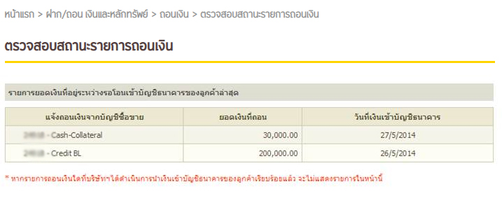 หน้าจอตรวจสอบรายการถอนเงินผ่านระบบ ATS www.krungsrisecurities.com